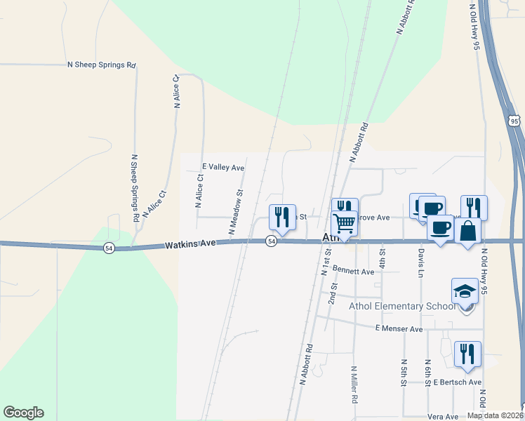 map of restaurants, bars, coffee shops, grocery stores, and more near 5405 Grove Avenue in Athol