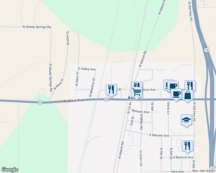 map of restaurants, bars, coffee shops, grocery stores, and more near 5405 Grove Avenue in Athol