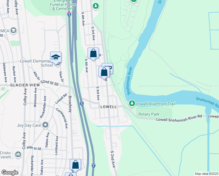 map of restaurants, bars, coffee shops, grocery stores, and more near 5303 South 2nd Avenue in Everett