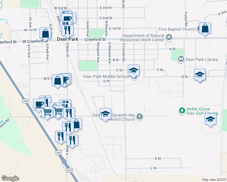 map of restaurants, bars, coffee shops, grocery stores, and more near 407 East E Street in Deer Park