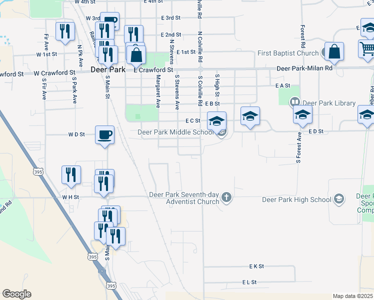 map of restaurants, bars, coffee shops, grocery stores, and more near 502 South Colville Road in Deer Park