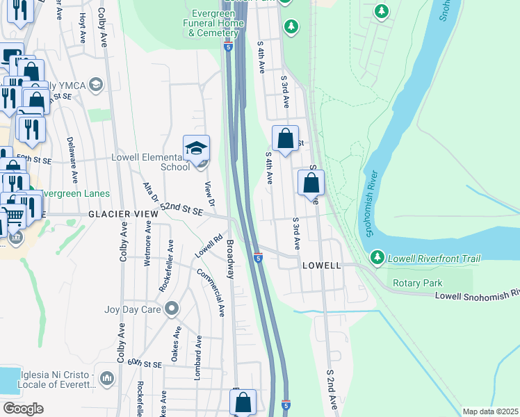 map of restaurants, bars, coffee shops, grocery stores, and more near 5302 South 4th Avenue in Everett