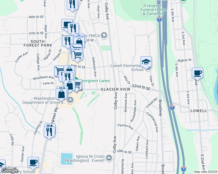 map of restaurants, bars, coffee shops, grocery stores, and more near 1501 52nd Street Southeast in Everett