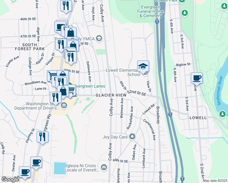 map of restaurants, bars, coffee shops, grocery stores, and more near 5105 Colby Avenue in Everett
