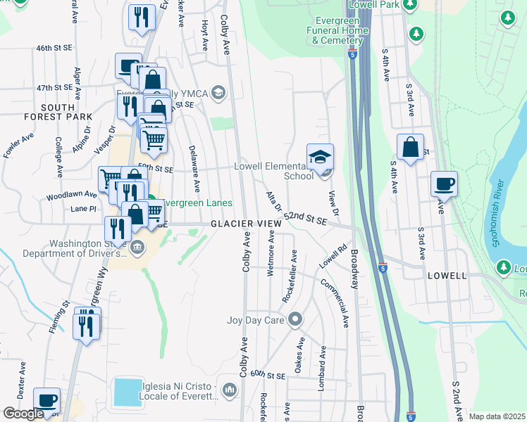 map of restaurants, bars, coffee shops, grocery stores, and more near 5112 Alta Drive in Everett