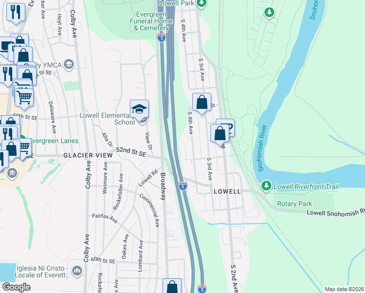 map of restaurants, bars, coffee shops, grocery stores, and more near 5114 South 4th Avenue in Everett