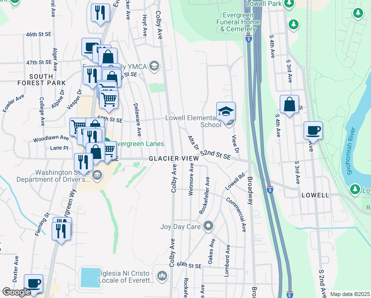 map of restaurants, bars, coffee shops, grocery stores, and more near 5112 Alta Drive in Everett