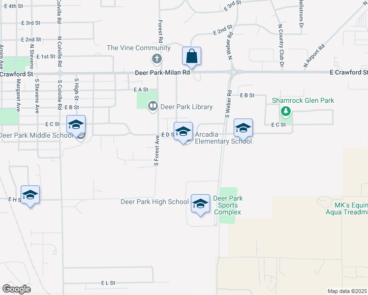 map of restaurants, bars, coffee shops, grocery stores, and more near 1120 East D Street in Deer Park