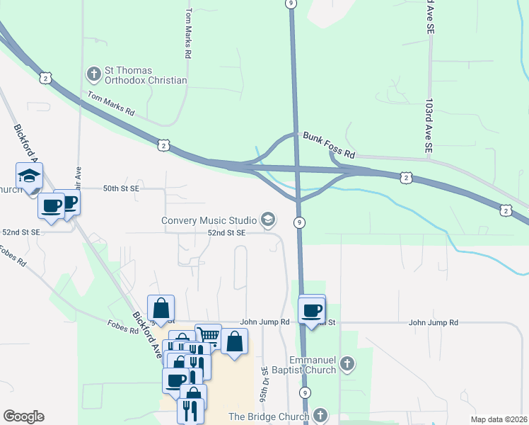 map of restaurants, bars, coffee shops, grocery stores, and more near 9519 52nd Street Southeast in Snohomish