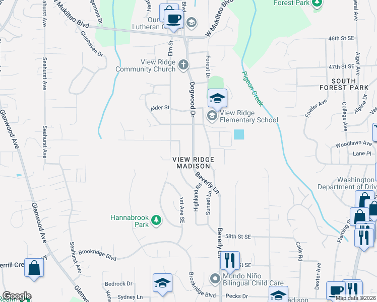 map of restaurants, bars, coffee shops, grocery stores, and more near 5103 West Highland Road in Everett