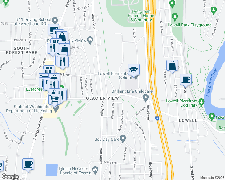 map of restaurants, bars, coffee shops, grocery stores, and more near 5112 Alta Drive in Everett