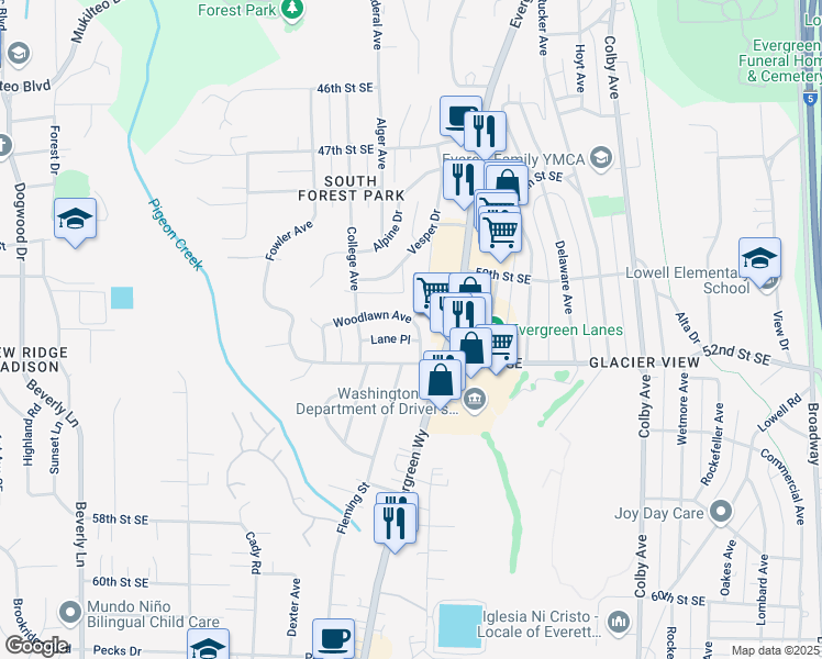 map of restaurants, bars, coffee shops, grocery stores, and more near 1038 Woodlawn Avenue in Everett