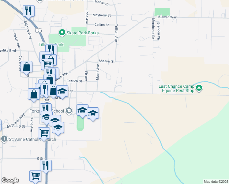 map of restaurants, bars, coffee shops, grocery stores, and more near 832 East Division Street in Forks