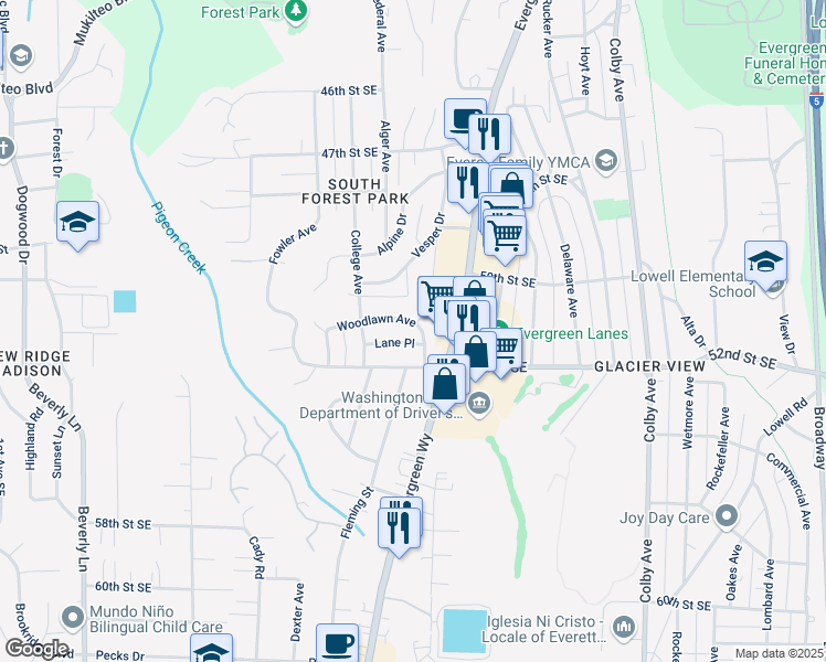 map of restaurants, bars, coffee shops, grocery stores, and more near 1038 Woodlawn Avenue in Everett