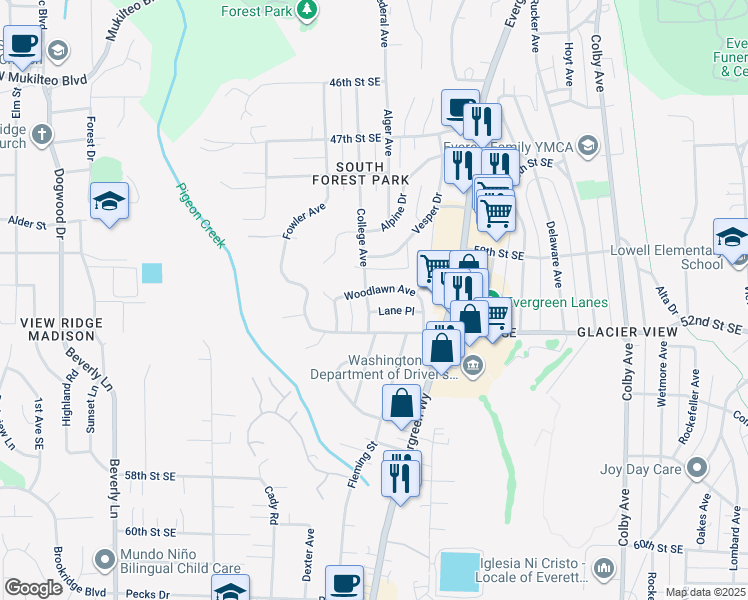 map of restaurants, bars, coffee shops, grocery stores, and more near 1016 Woodlawn Avenue in Everett