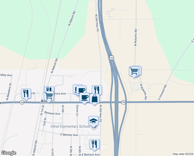 map of restaurants, bars, coffee shops, grocery stores, and more near 30655 U.S. 95 in Athol