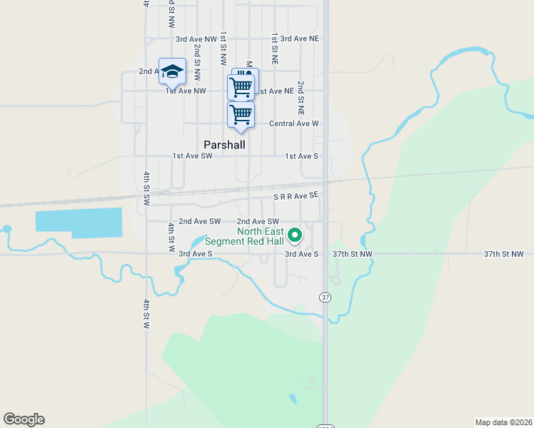 map of restaurants, bars, coffee shops, grocery stores, and more near Saint Street Southeast in Parshall