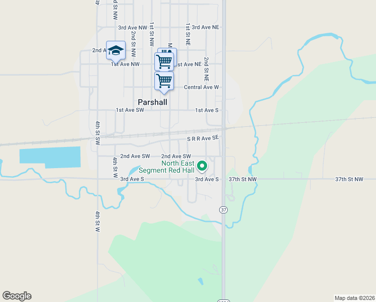 map of restaurants, bars, coffee shops, grocery stores, and more near Saint Street Southeast in Parshall