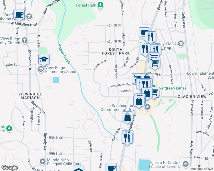 map of restaurants, bars, coffee shops, grocery stores, and more near 5015 Fowler Avenue in Everett