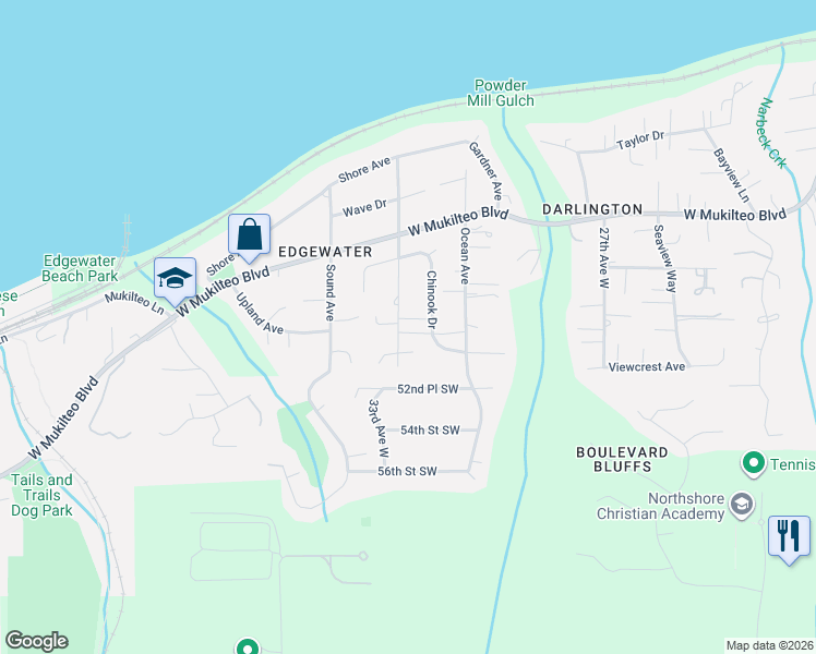 map of restaurants, bars, coffee shops, grocery stores, and more near 5037 33rd Avenue West in Everett