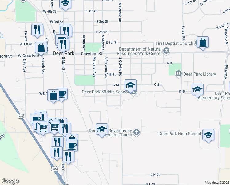 map of restaurants, bars, coffee shops, grocery stores, and more near 419 East D Street in Deer Park