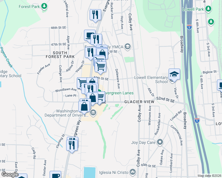 map of restaurants, bars, coffee shops, grocery stores, and more near 5101 Wilmington Avenue in Everett