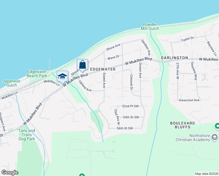 map of restaurants, bars, coffee shops, grocery stores, and more near 5015 Sound Avenue in Everett