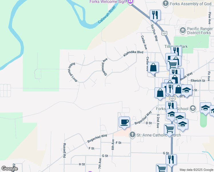 map of restaurants, bars, coffee shops, grocery stores, and more near 680 Terra Eden Street in Forks