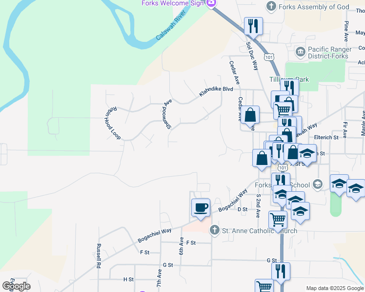 map of restaurants, bars, coffee shops, grocery stores, and more near 680 Terra Eden Street in Forks