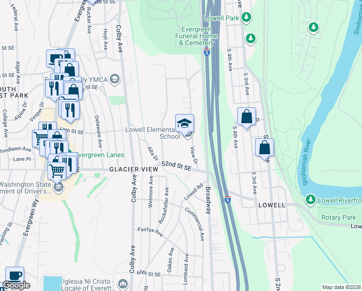 map of restaurants, bars, coffee shops, grocery stores, and more near 5010 View Drive in Everett