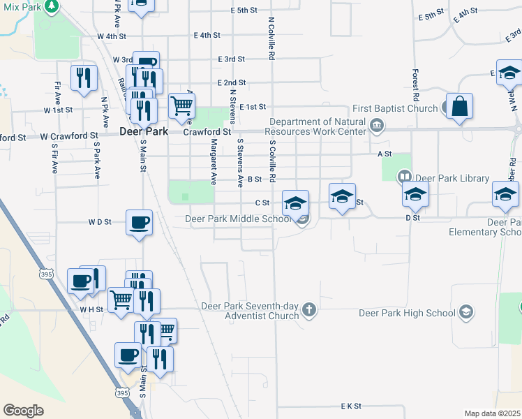 map of restaurants, bars, coffee shops, grocery stores, and more near 419 East D Street in Deer Park