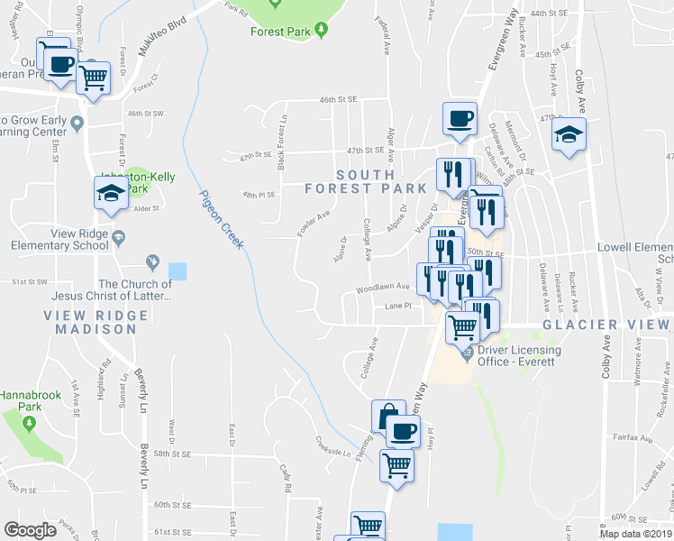 map of restaurants, bars, coffee shops, grocery stores, and more near 806 Alpine Drive in Everett
