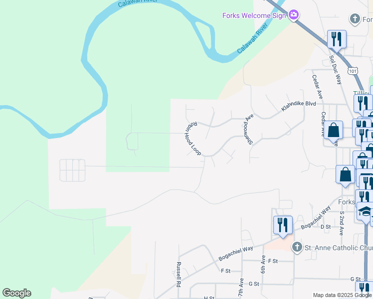 map of restaurants, bars, coffee shops, grocery stores, and more near 853 Robin Hood Loop in Forks