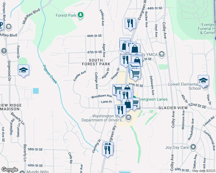 map of restaurants, bars, coffee shops, grocery stores, and more near 4887 Alpine Drive in Everett