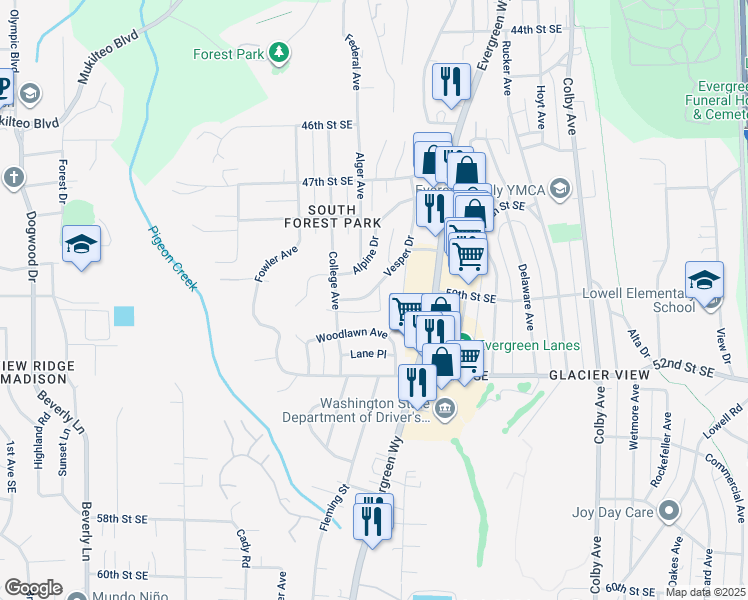 map of restaurants, bars, coffee shops, grocery stores, and more near 4887 Alpine Drive in Everett