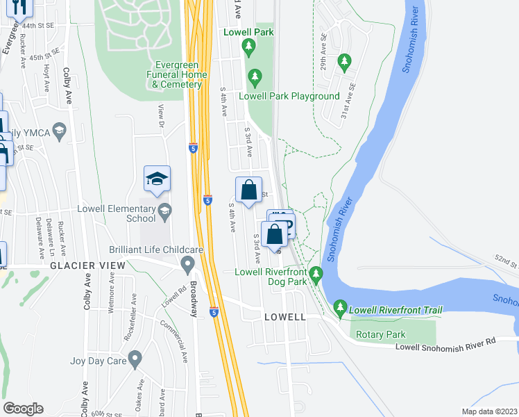map of restaurants, bars, coffee shops, grocery stores, and more near 5011 South 3rd Avenue in Everett
