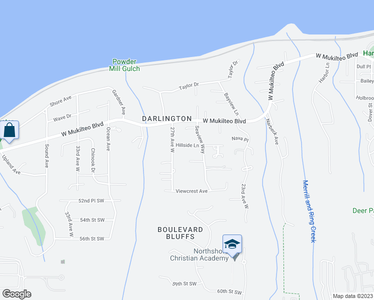 map of restaurants, bars, coffee shops, grocery stores, and more near 2602 Hillside Lane in Everett