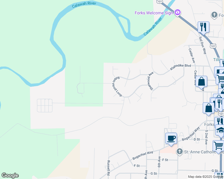 map of restaurants, bars, coffee shops, grocery stores, and more near 853 Robin Hood Loop in Forks
