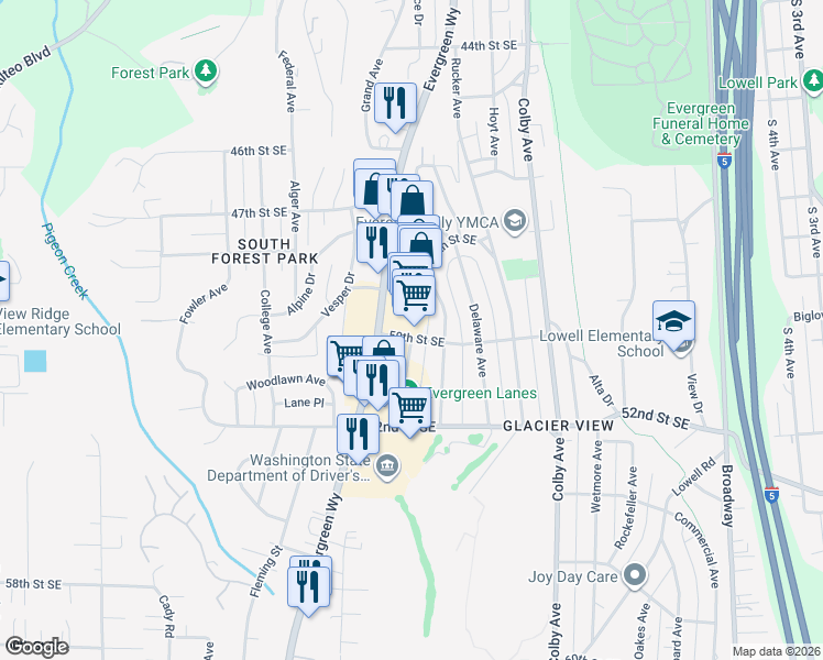 map of restaurants, bars, coffee shops, grocery stores, and more near 4929 Evergreen Way in Everett