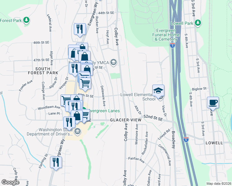 map of restaurants, bars, coffee shops, grocery stores, and more near 1503 49th Street in Everett