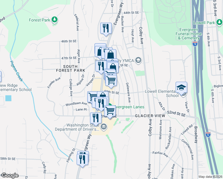 map of restaurants, bars, coffee shops, grocery stores, and more near 4927 Evergreen Way in Everett