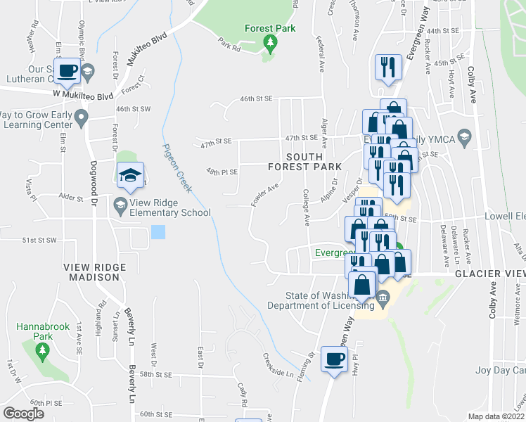 map of restaurants, bars, coffee shops, grocery stores, and more near 805 Alpine Drive in Everett