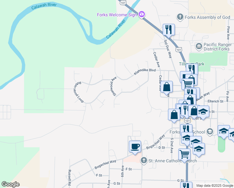 map of restaurants, bars, coffee shops, grocery stores, and more near 201 Sherwood Avenue in Forks