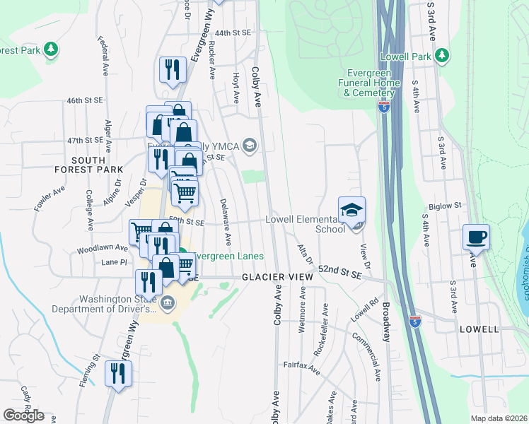 map of restaurants, bars, coffee shops, grocery stores, and more near 1503 49th Street in Everett