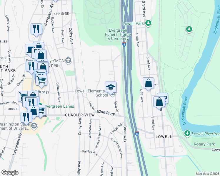 map of restaurants, bars, coffee shops, grocery stores, and more near 5010 View Drive in Everett