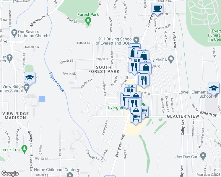map of restaurants, bars, coffee shops, grocery stores, and more near 4887 Alpine Drive in Everett