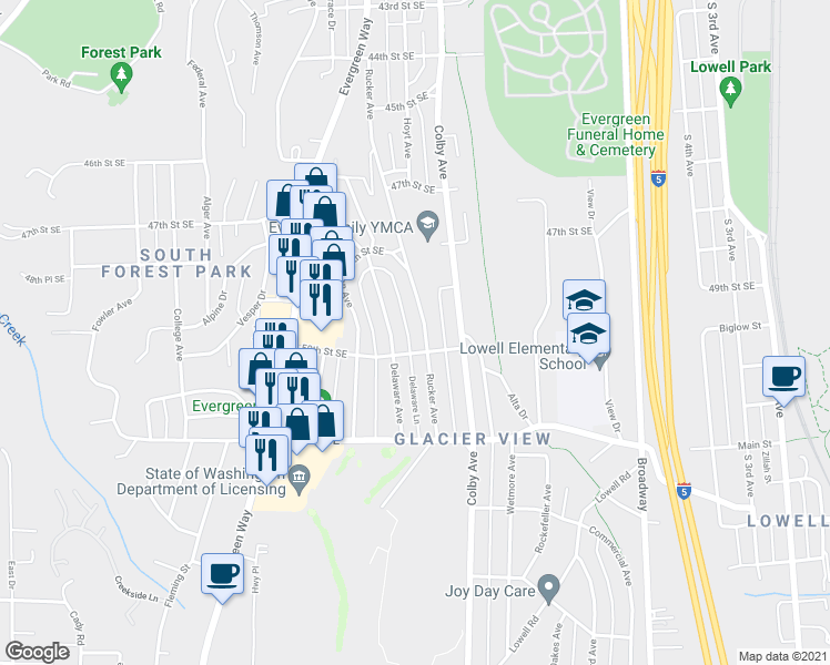 map of restaurants, bars, coffee shops, grocery stores, and more near 4920 Rucker Avenue in Everett