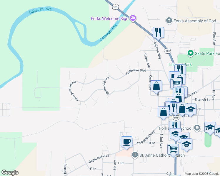 map of restaurants, bars, coffee shops, grocery stores, and more near 201 Sherwood Avenue in Forks