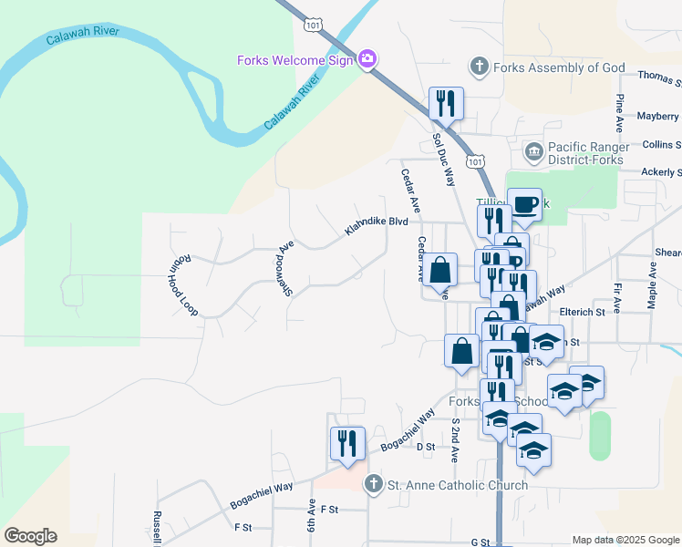 map of restaurants, bars, coffee shops, grocery stores, and more near 520 Terra Eden Street in Forks