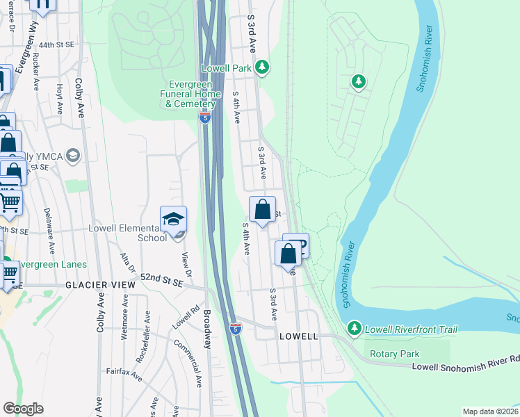 map of restaurants, bars, coffee shops, grocery stores, and more near 4918 South 3rd Avenue in Everett